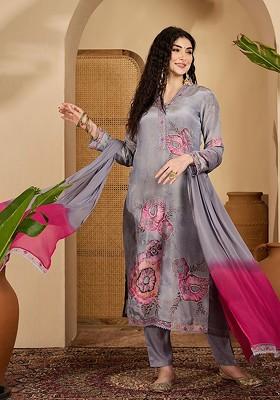 Grey Printed Blended Kurta Set