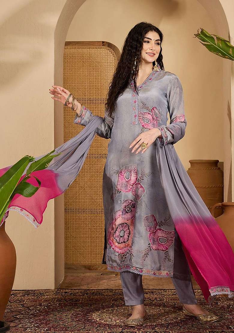 Grey Printed Blended Kurta Set - Indya