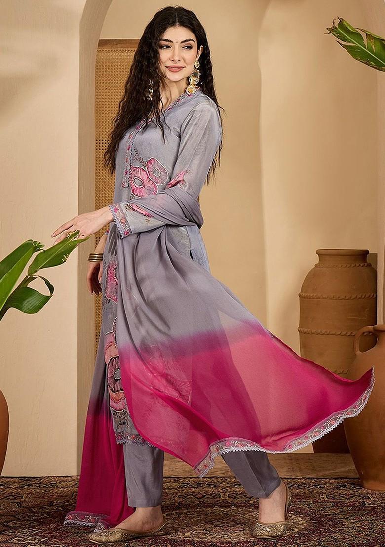 Grey Printed Blended Kurta Set - Indya