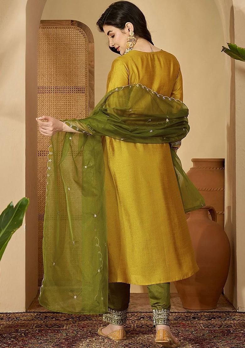 Yellow Embroidered Blended Kurta Set - Indya