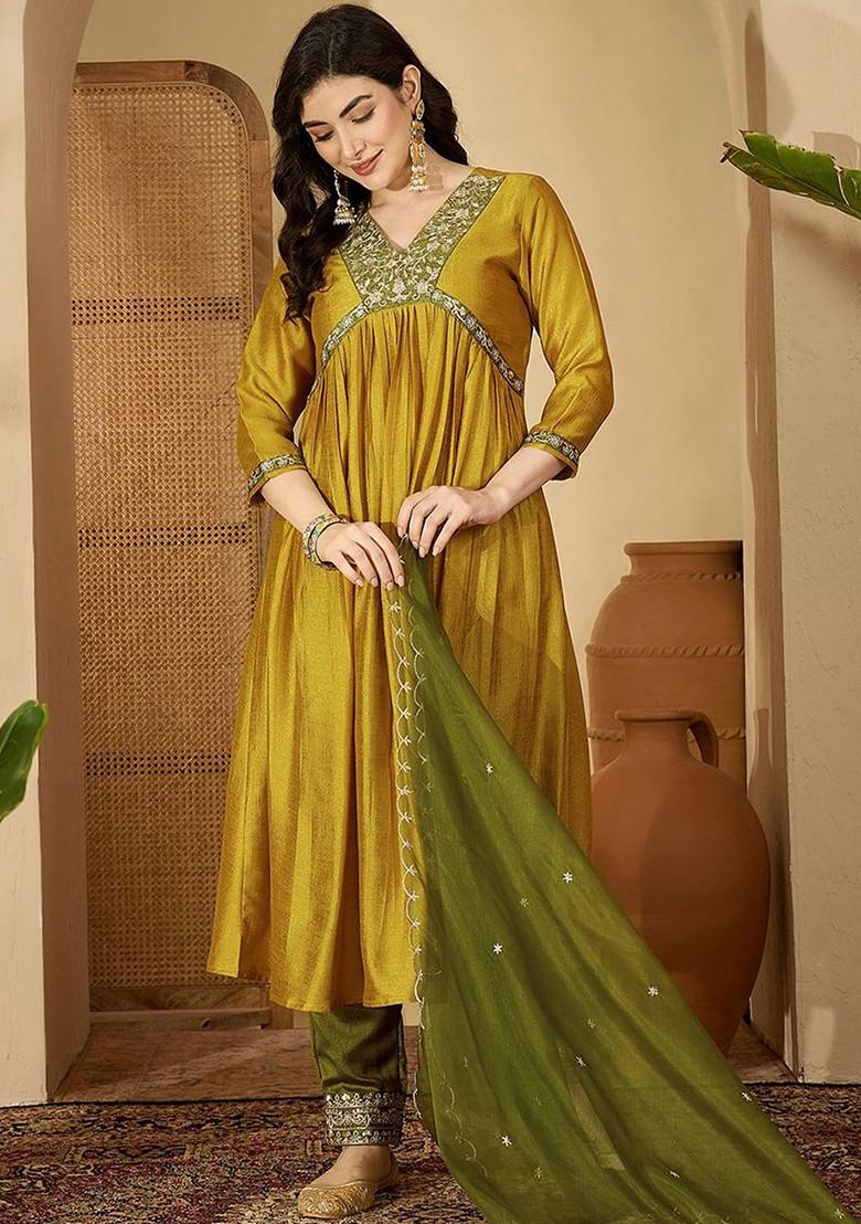 Yellow Embroidered Blended Kurta Set - Indya
