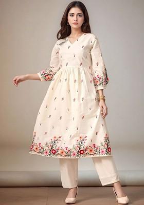 Off White Embroidered Blended Kurta Set