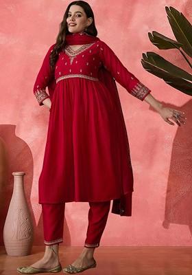 Red Embroidered Blended Kurta Set