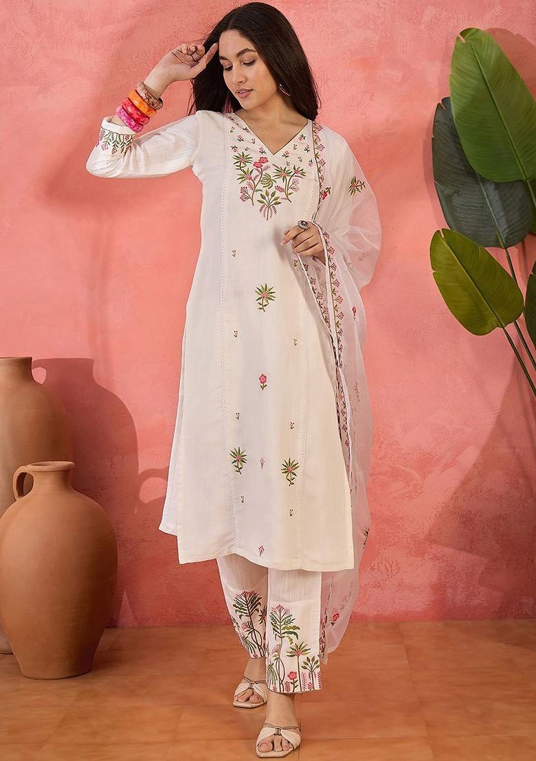 Off White Embroidered Blended Kurta Set - Indya