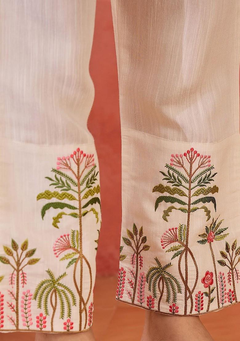 Off White Embroidered Blended Kurta Set - Indya