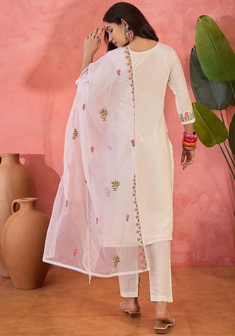 Off White Embroidered Blended Kurta Set