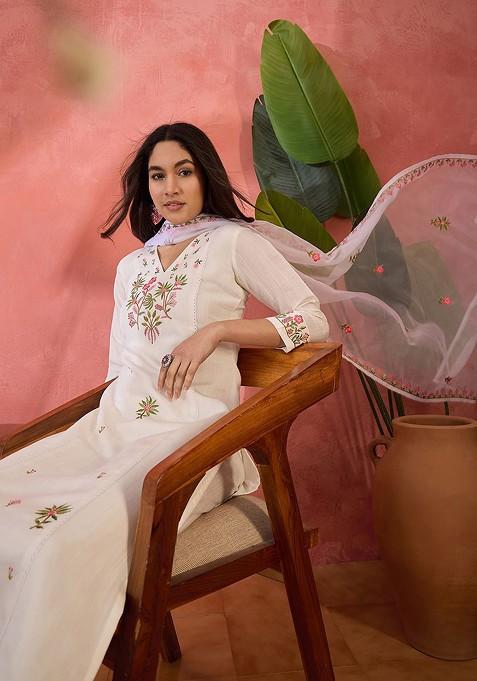 Off White Embroidered Blended Kurta Set