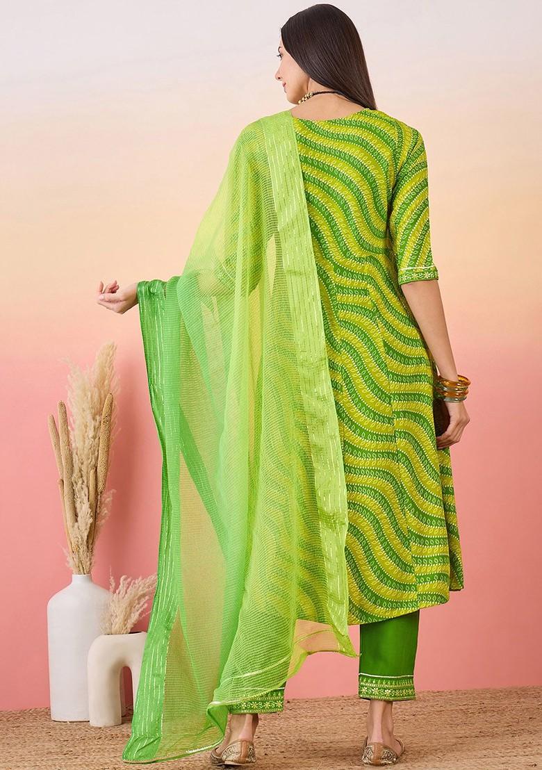 Green Printed Blended Kurta Set - Indya