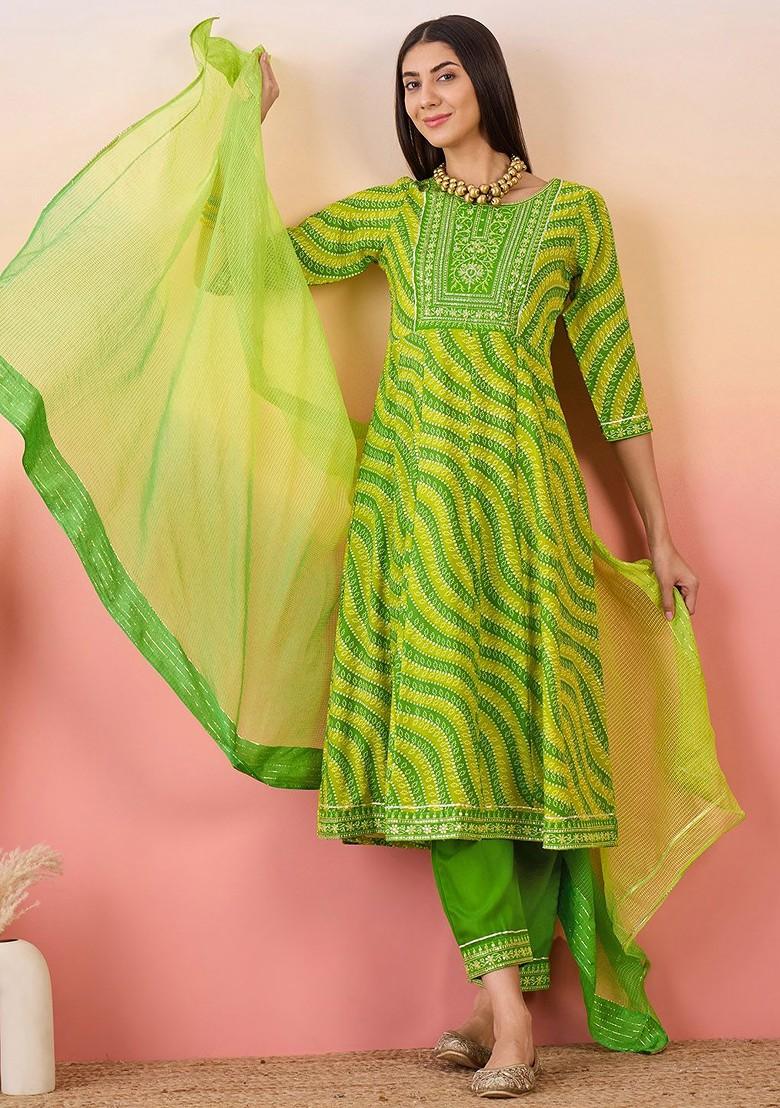 Green Printed Blended Kurta Set - Indya