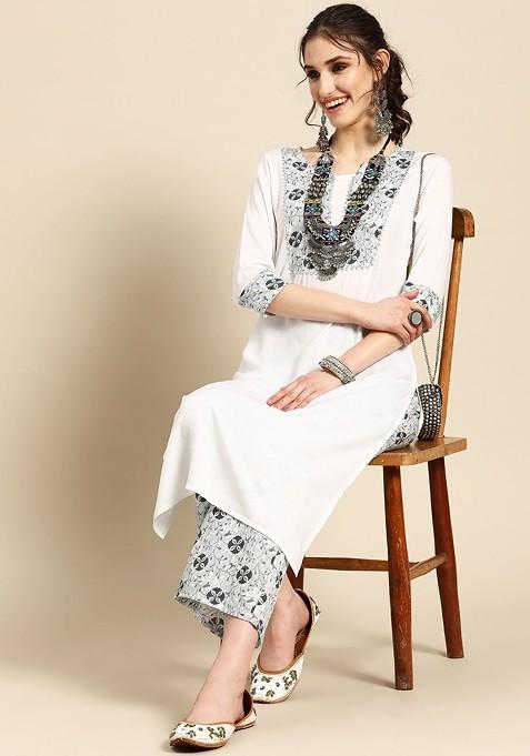 White Yoke Design Blended Kurta Set