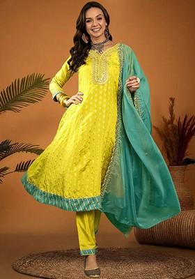 Mustard Thread Work Blended Kurta Set