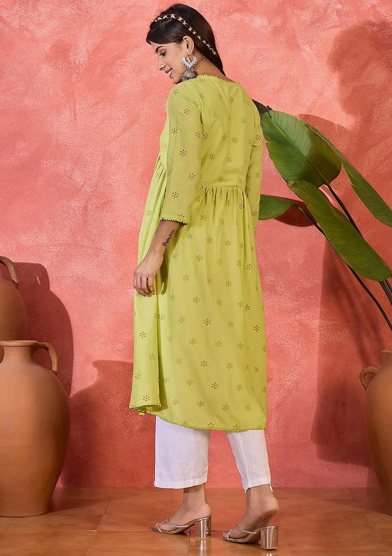 Lime Green Embroidered Blended Kurta Set - Indya