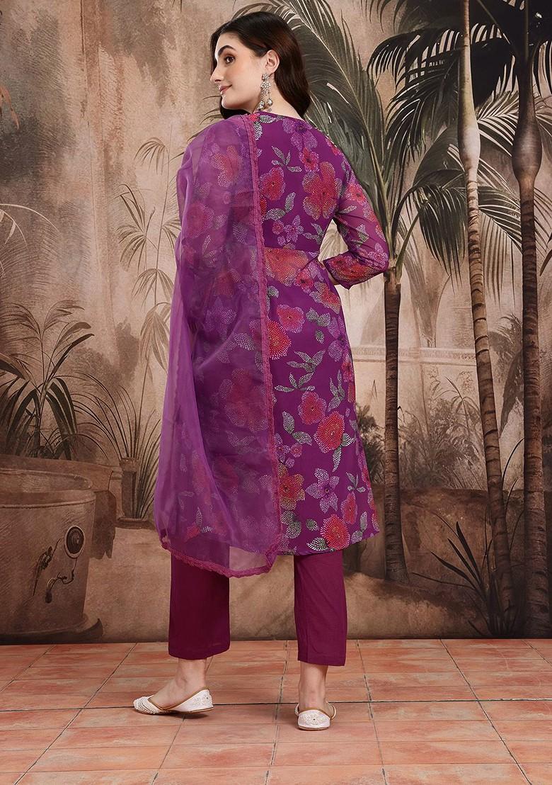 Purple Printed Blended Kurta Set - Indya
