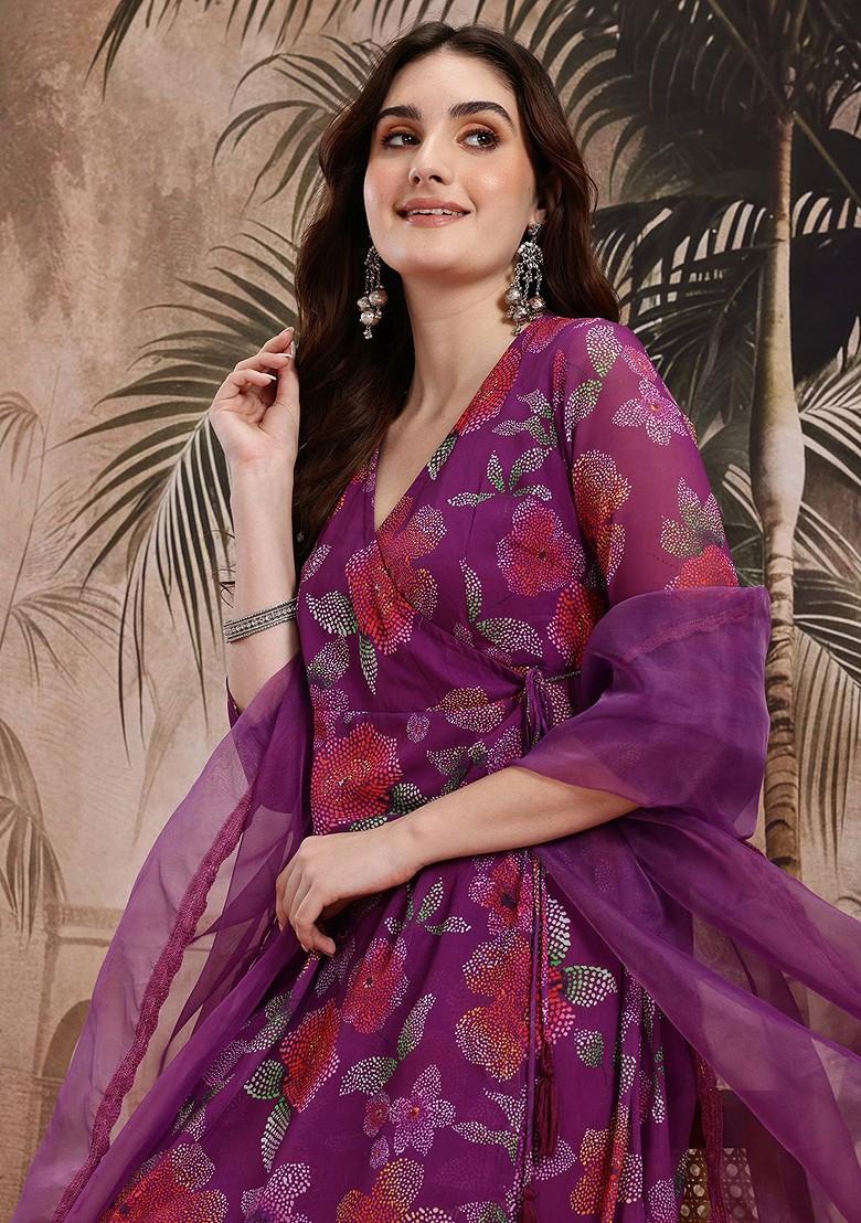 Purple Printed Blended Kurta Set - Indya