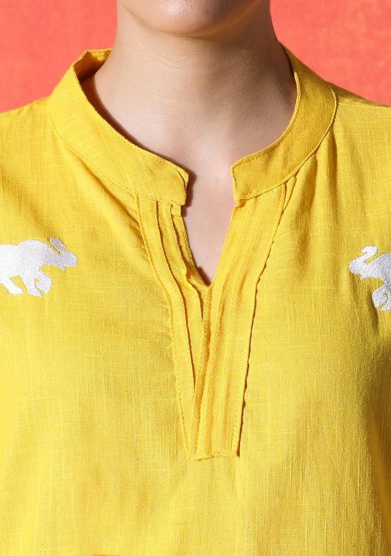 Yellow Printed Blended Kurta Set - Indya