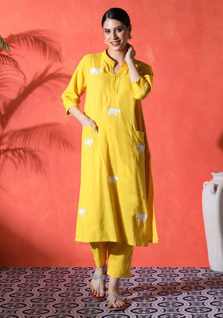 Yellow Printed Blended Kurta Set - Indya
