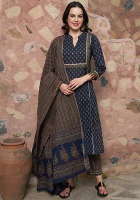 Navy Blue Printed Blended Kurta Set
