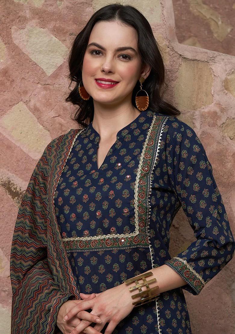 Navy Blue Printed Blended Kurta Set - Indya
