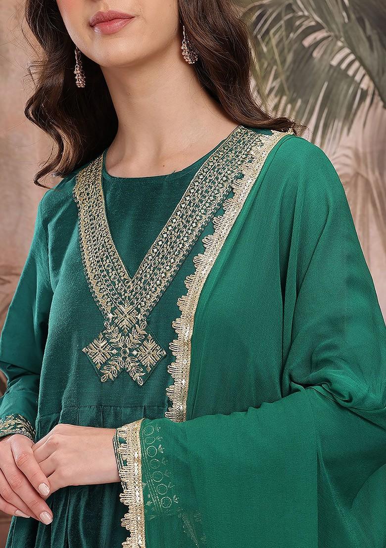 Green Yoke Design Blended Kurta Set - Indya