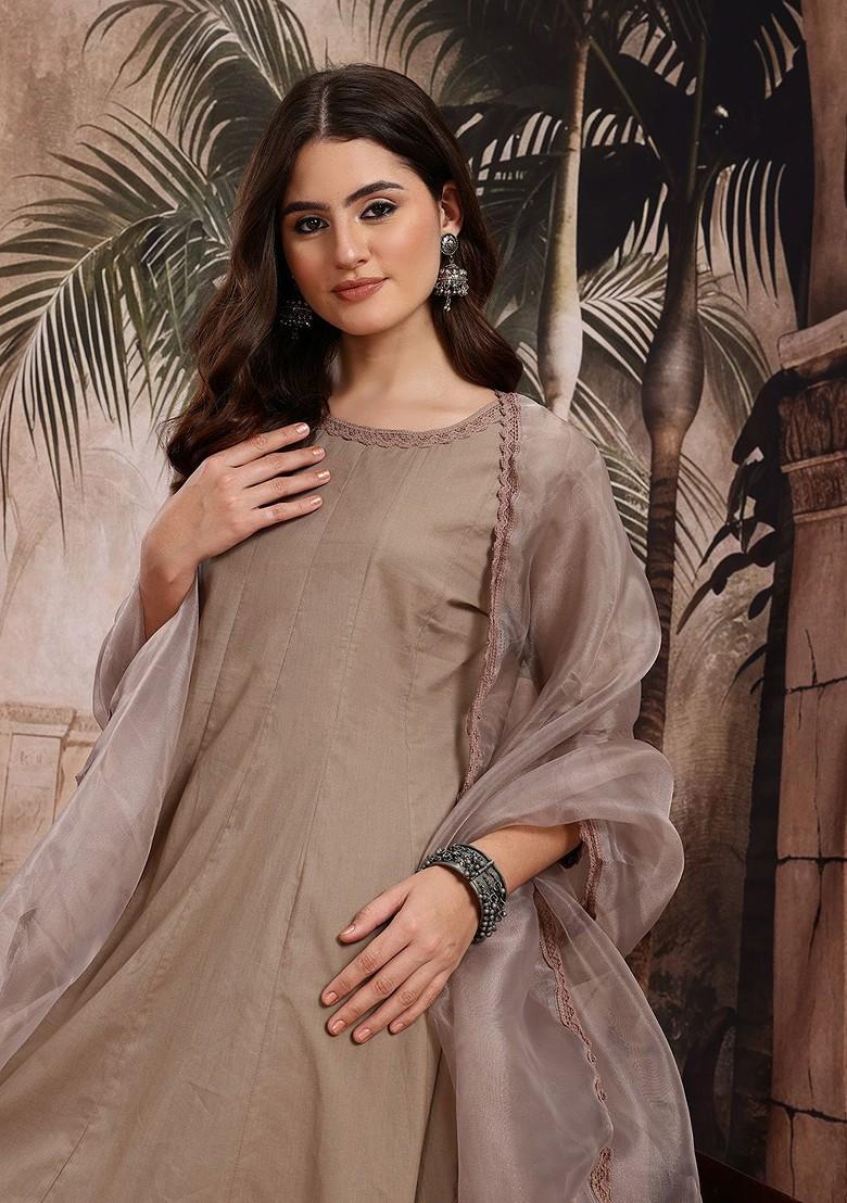 Brown Solid Blended Kurta Set - Indya