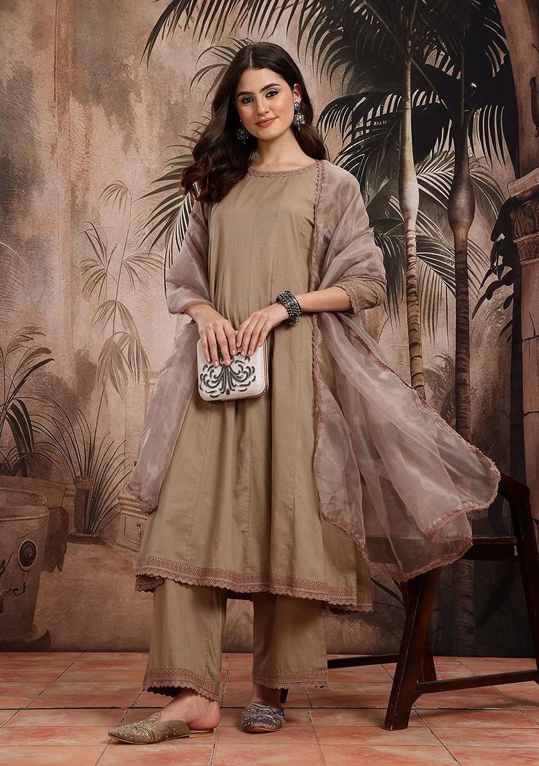 Brown Solid Blended Kurta Set - Indya
