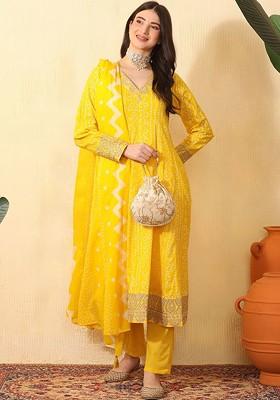 Yellow Printed Blended Kurta Set