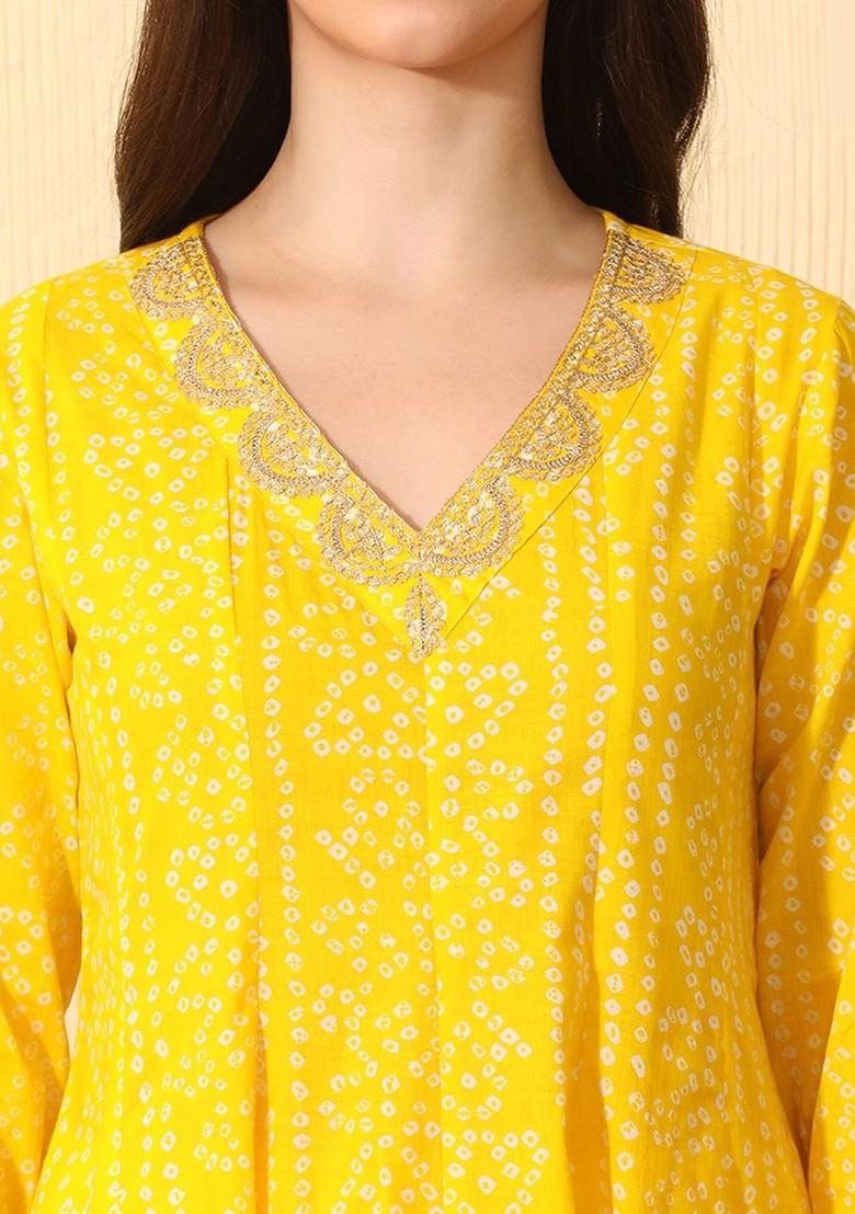 Yellow Printed Blended Kurta Set - Indya