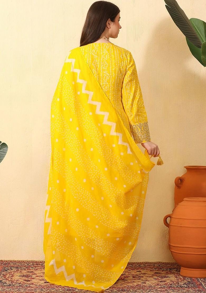 Yellow Printed Blended Kurta Set - Indya
