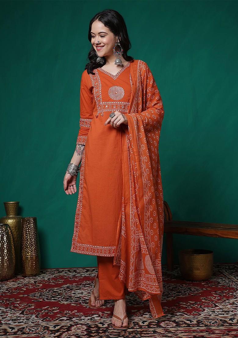 Orange Embellished Blended Kurta Set - Indya