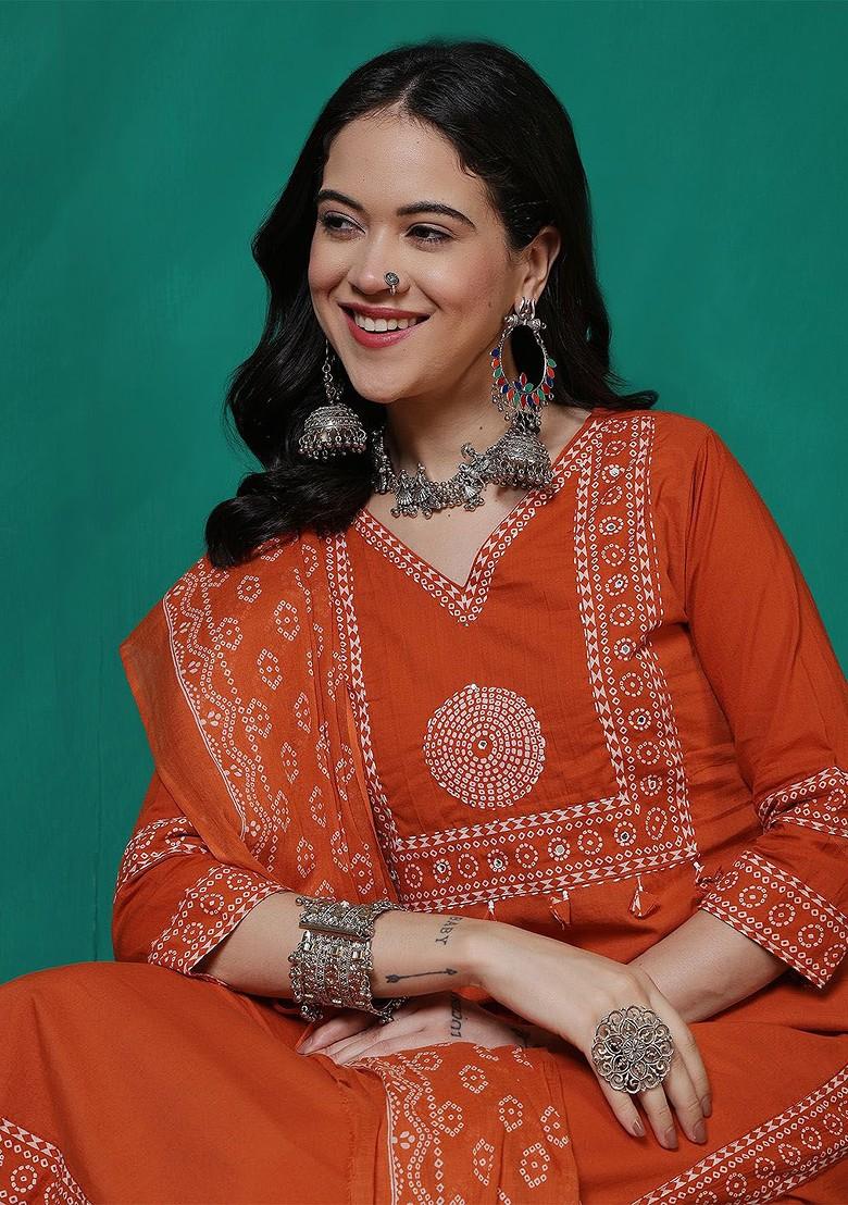 Orange Embellished Blended Kurta Set - Indya