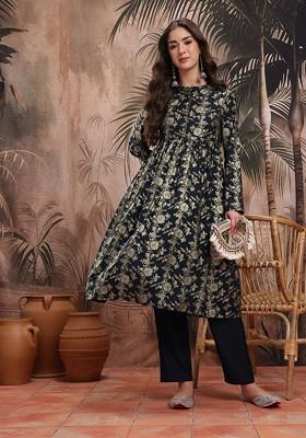 Navy Blue Printed Blended Kurta Set