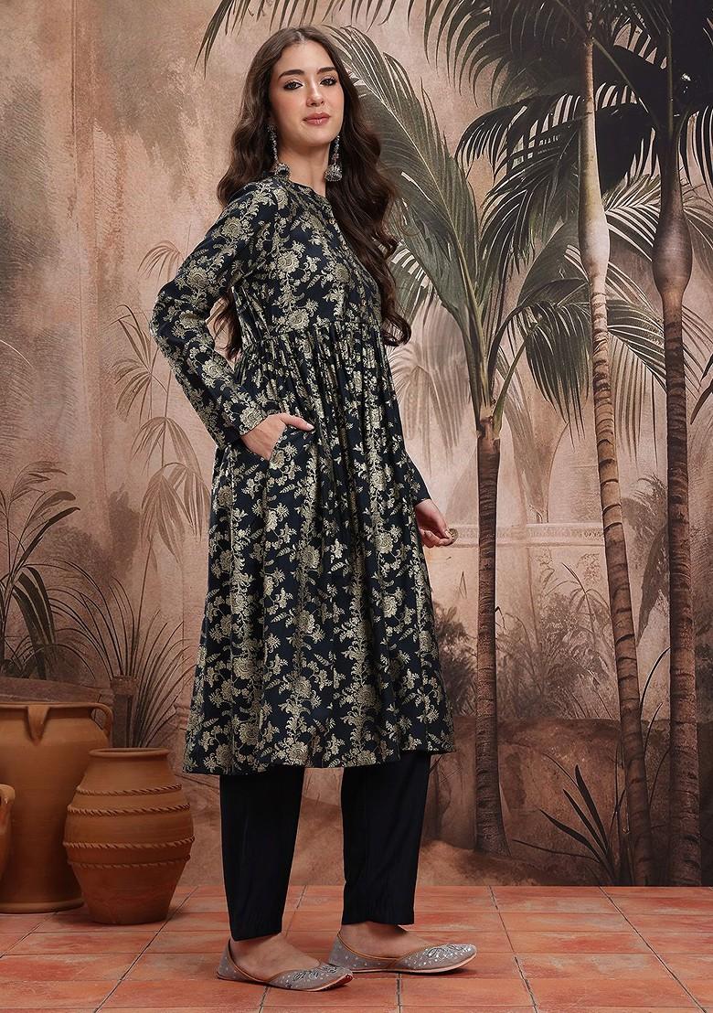 Navy Blue Printed Blended Kurta Set - Indya