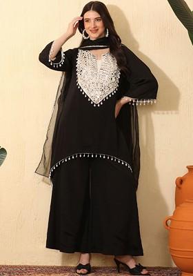 Black Embroidered Blended Kurta Set