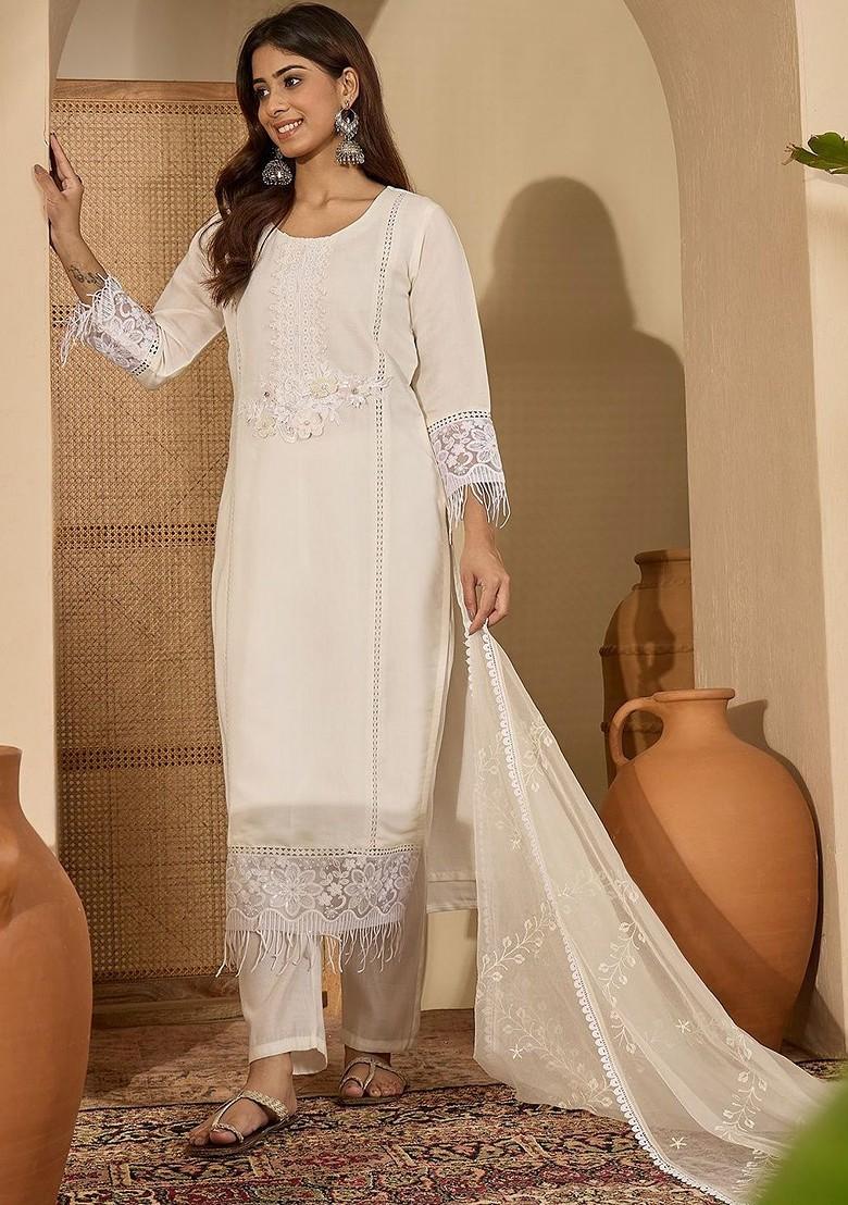 Off White Embroidered Blended Kurta Set - Indya