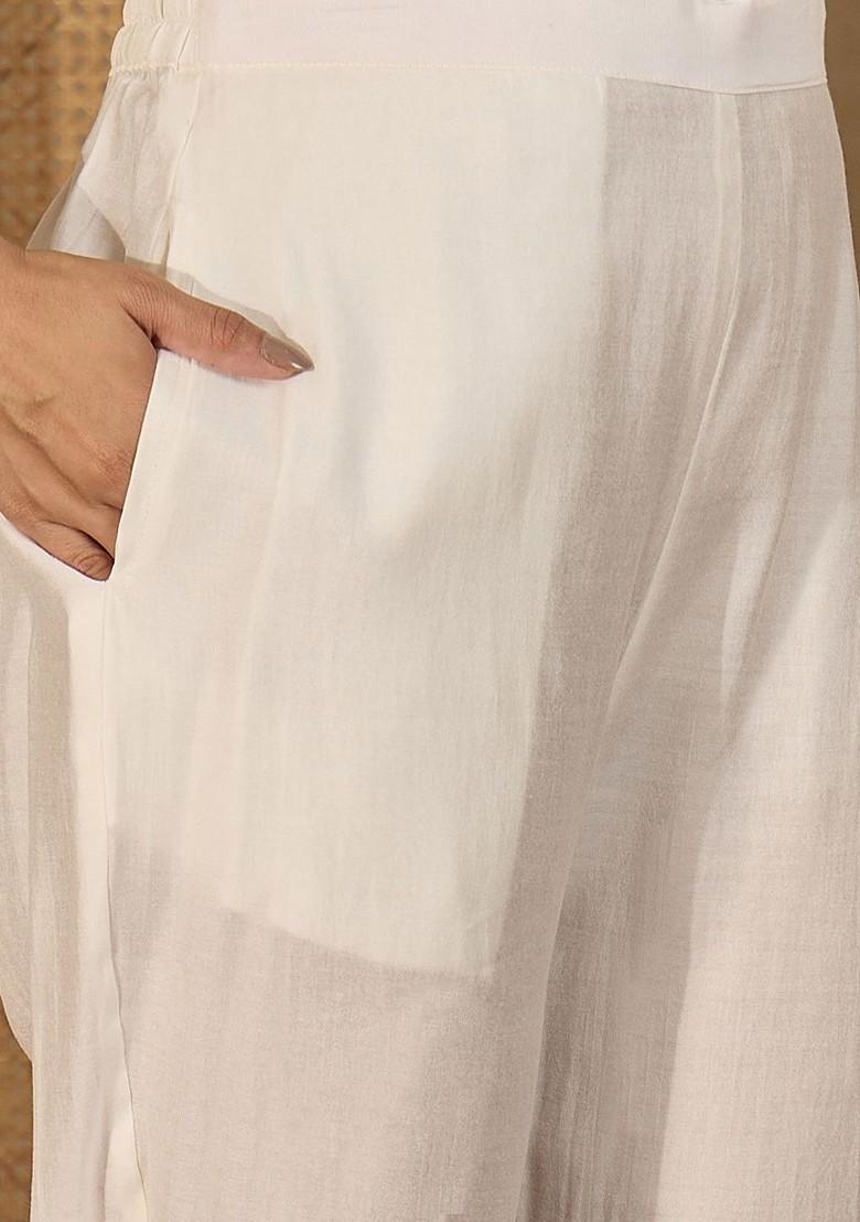 Off White Embroidered Blended Kurta Set