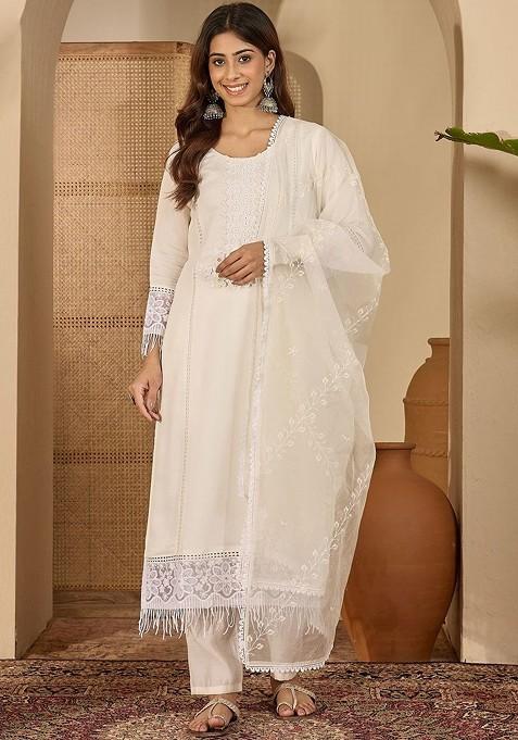Off White Embroidered Blended Kurta Set