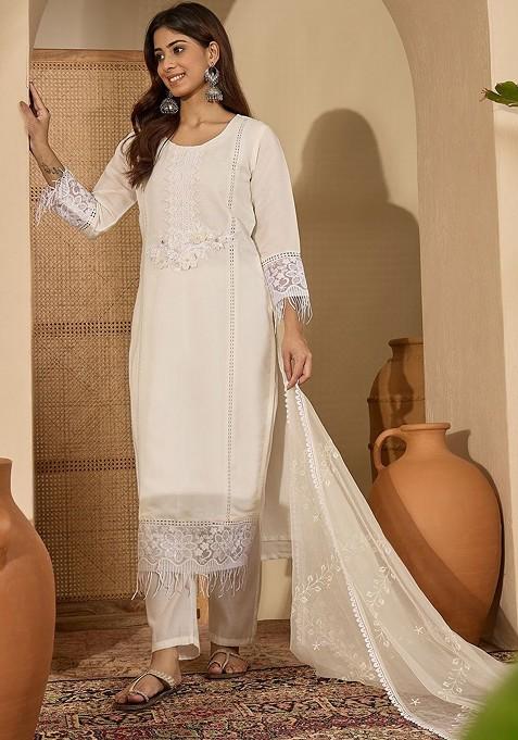 Off White Embroidered Blended Kurta Set