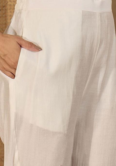 Off White Embroidered Blended Kurta Set