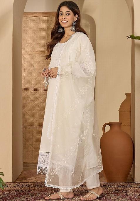 Off White Embroidered Blended Kurta Set