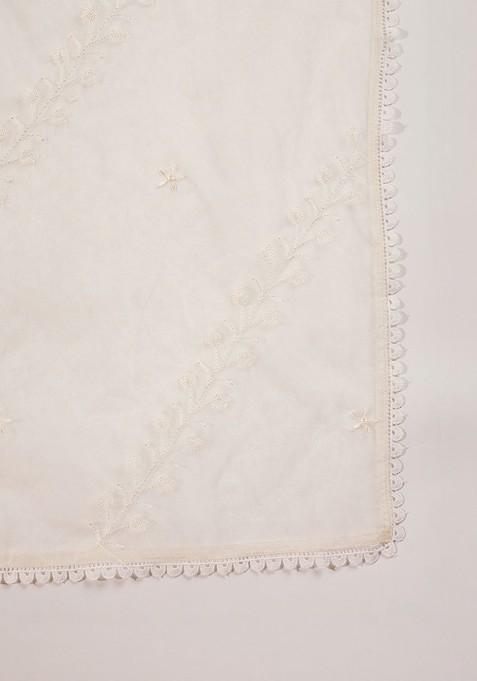 Off White Embroidered Blended Kurta Set