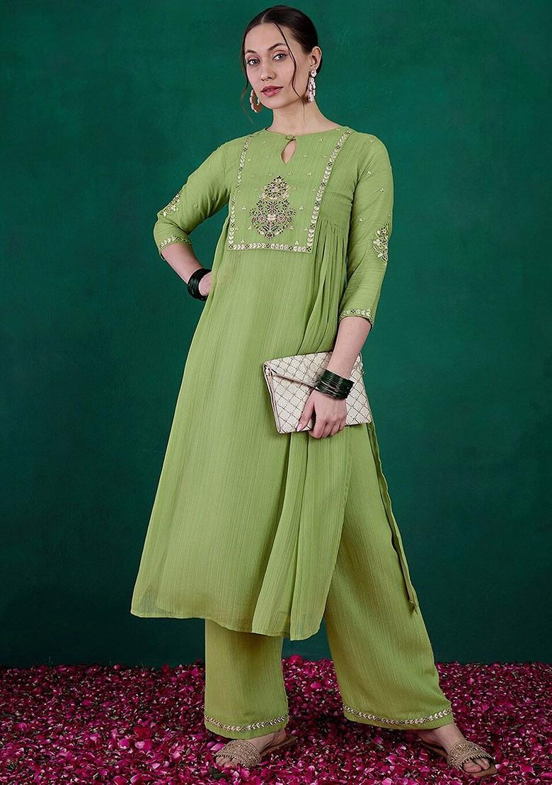 Green Embroidered Blended Kurta Set - Indya