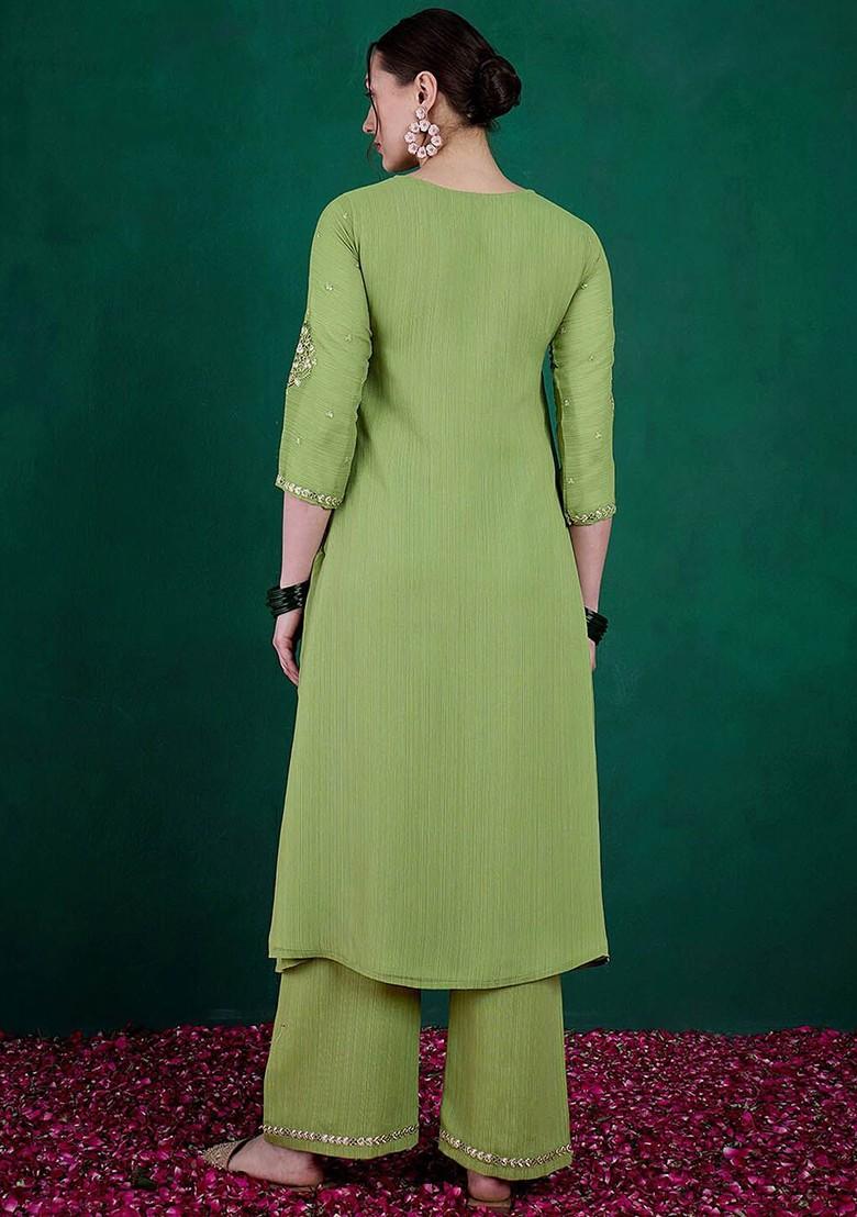 Green Embroidered Blended Kurta Set - Indya