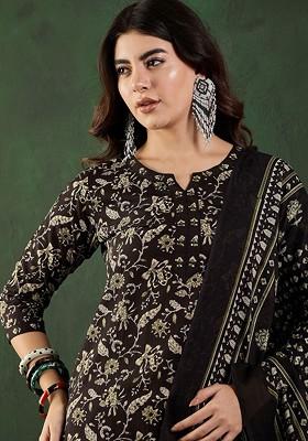 Black Printed Blended Kurta Set