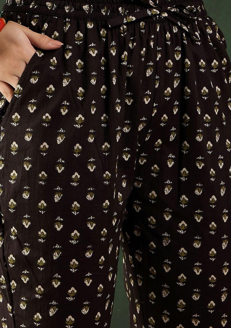 Black Printed Blended Kurta Set - Indya