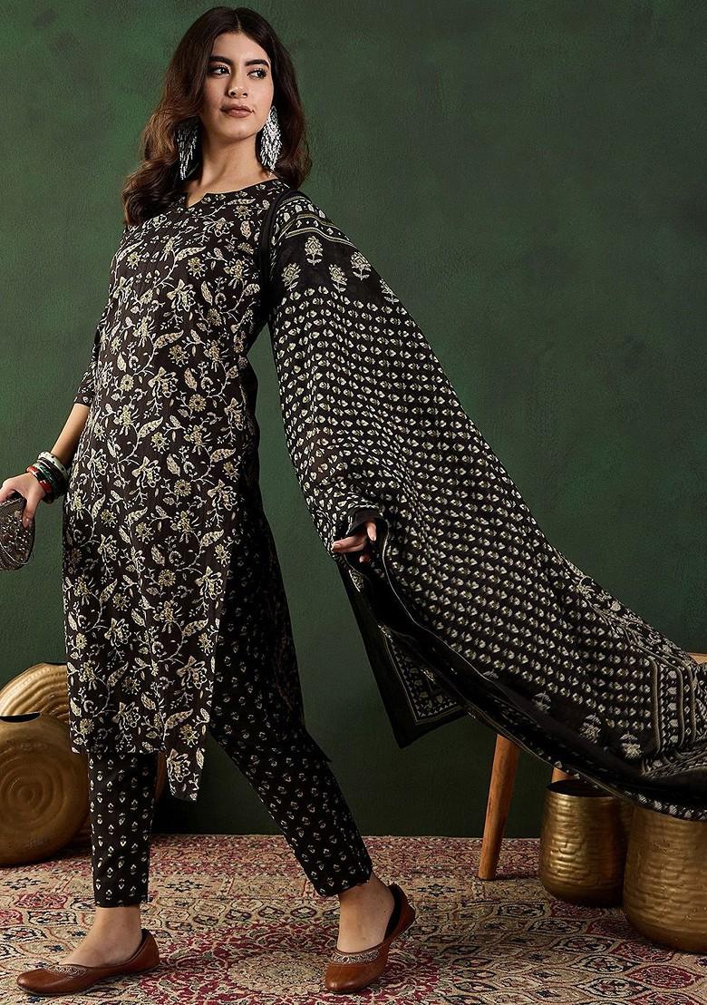 Black Printed Blended Kurta Set - Indya
