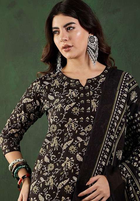 Black Printed Blended Kurta Set