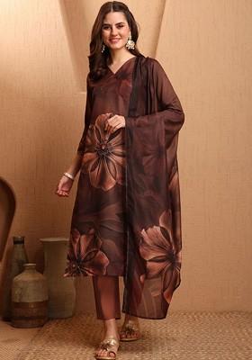 Brown Printed Blended Kurta Set