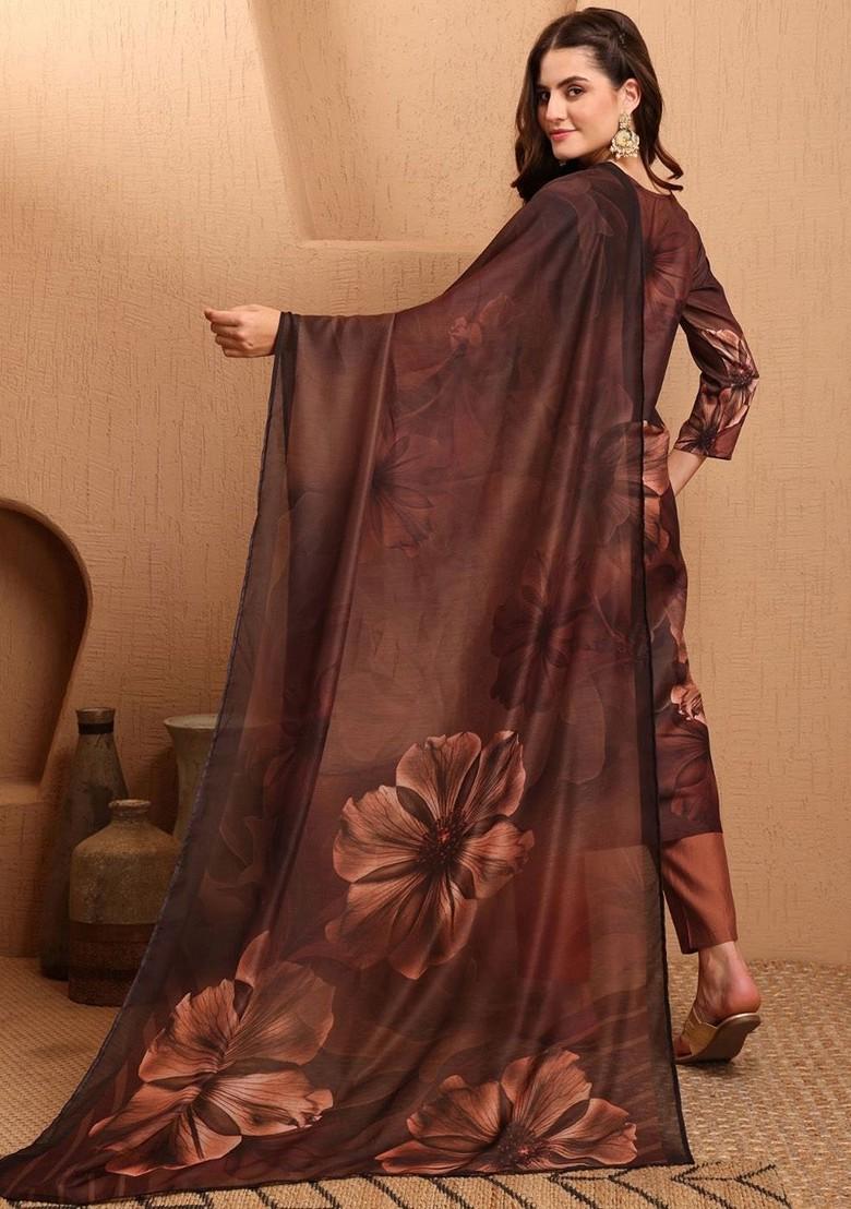 Brown Printed Blended Kurta Set - Indya
