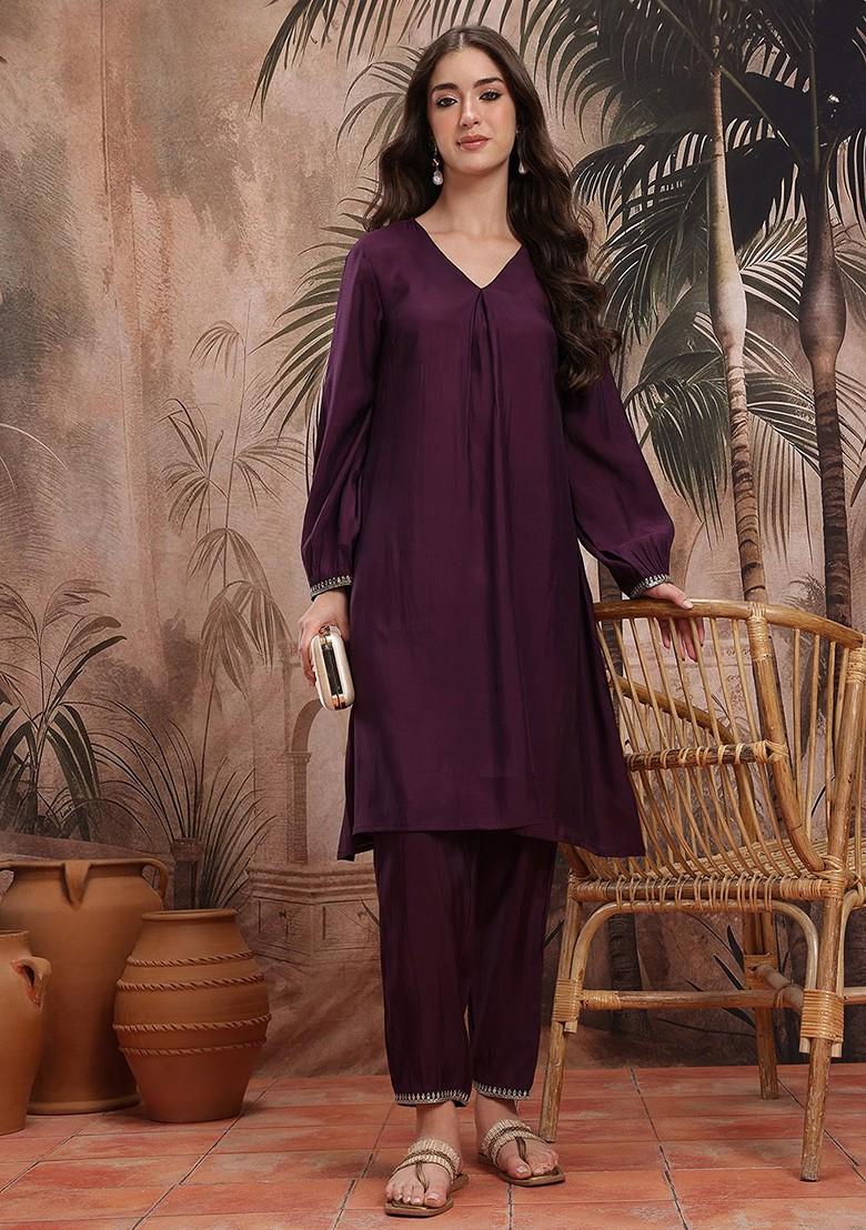 Purple Sequinned Blended Kurta Set - Indya