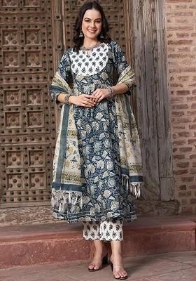 Navy Blue Printed Blended Kurta Set
